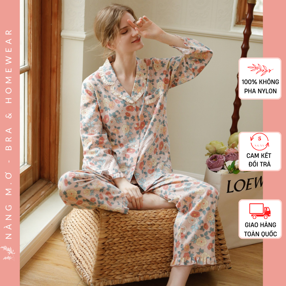 Bộ đồ mặc nhà nữ pyjamas dài tay cotton tự nhiên siêu mềm mịn cổ tròn họa tiết Dora siêu xinh