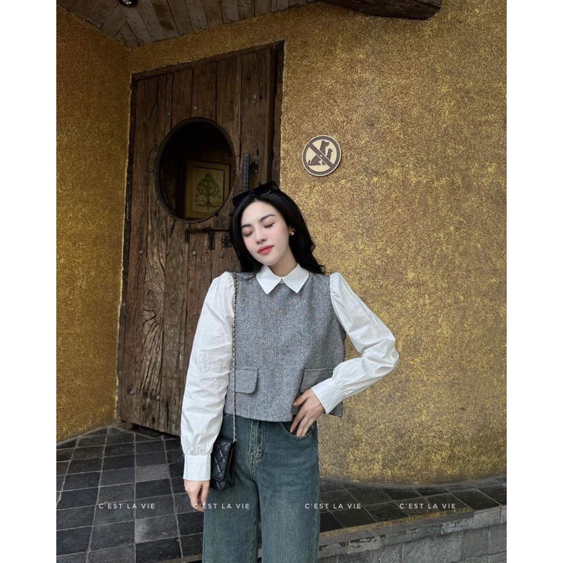 Áo sơ mi dạ tiêu phối cổ tay sơ mi trắng cho nữ
