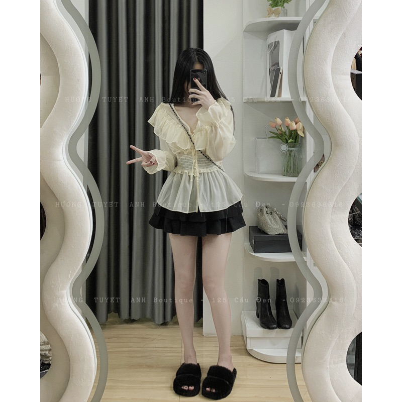 Set áo tơ bèo chán váy xếp ly 2 tầng