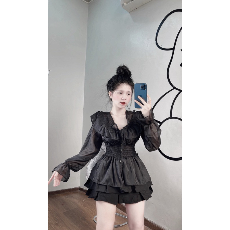 Set áo tơ bèo chán váy xếp ly 2 tầng