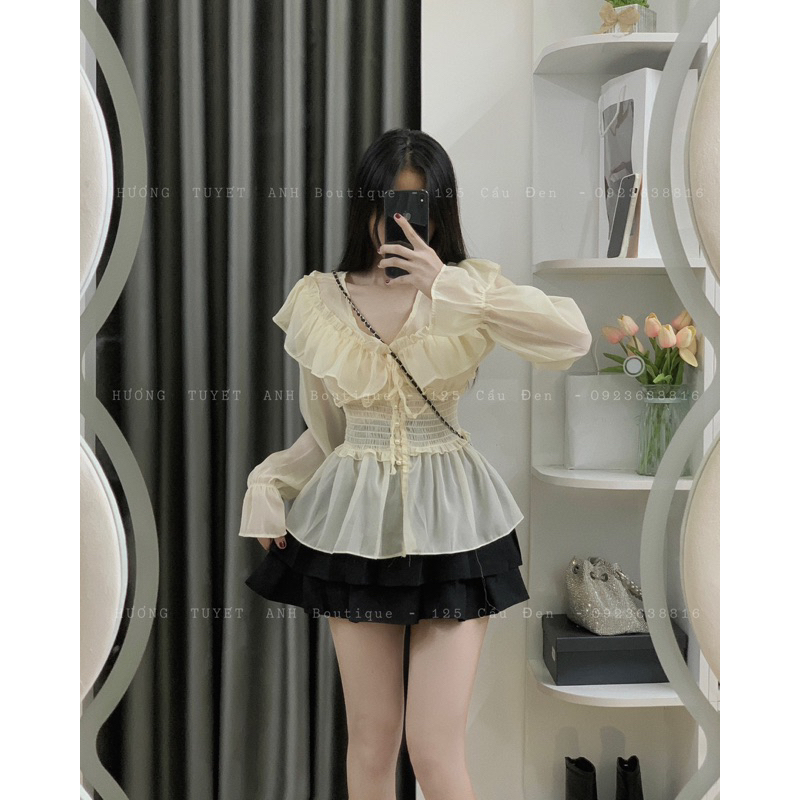 Set áo tơ bèo chán váy xếp ly 2 tầng