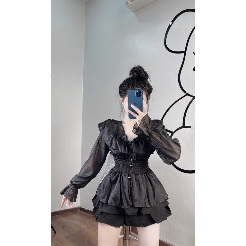 Set áo tơ bèo chán váy xếp ly 2 tầng