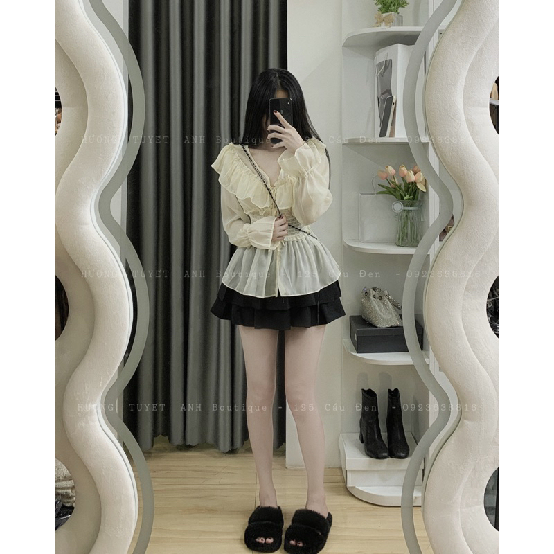 Set áo tơ bèo chán váy xếp ly 2 tầng