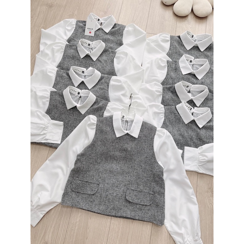 Áo sơ mi dạ tiêu phối cổ tay sơ mi trắng cho nữ