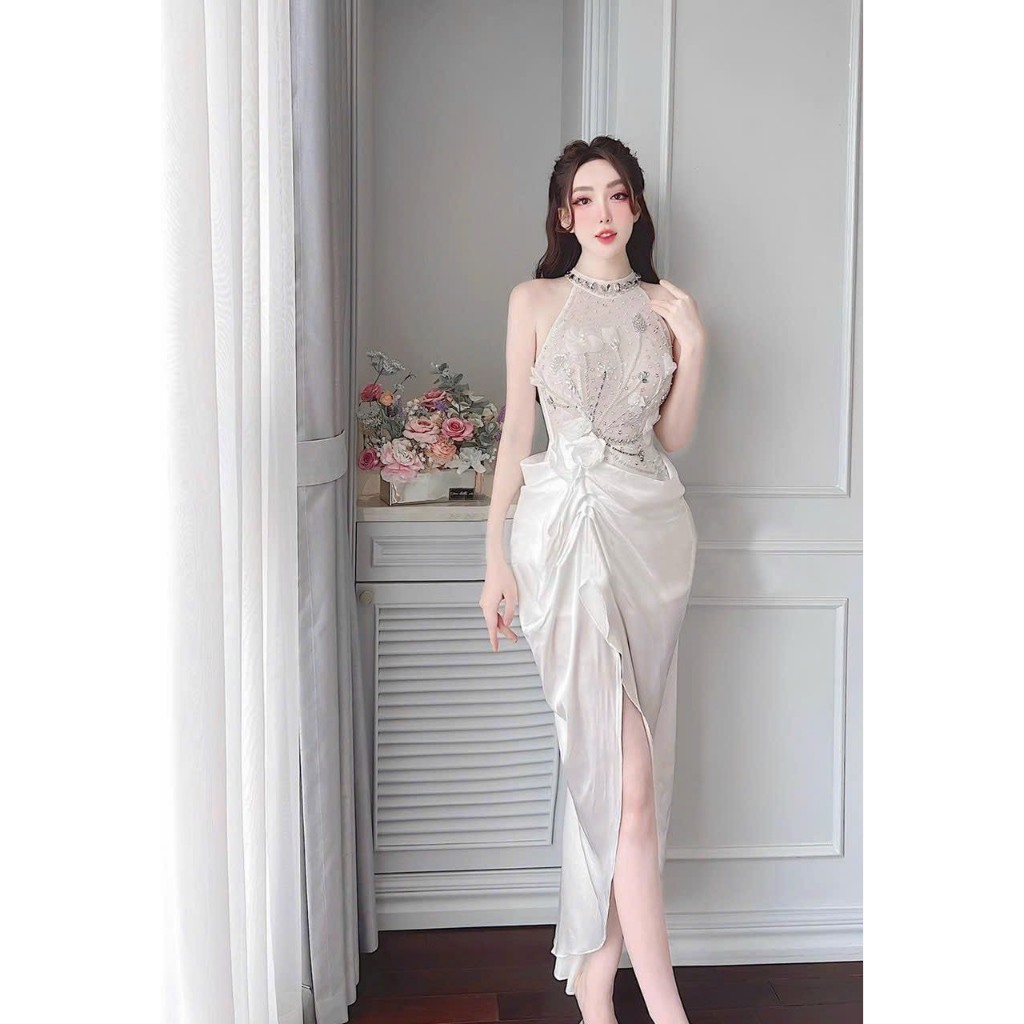 Đầm body dự tiệc cổ yếm kết hoa nỗi ( hàng có sẵn ) full size s/m/l/xl
