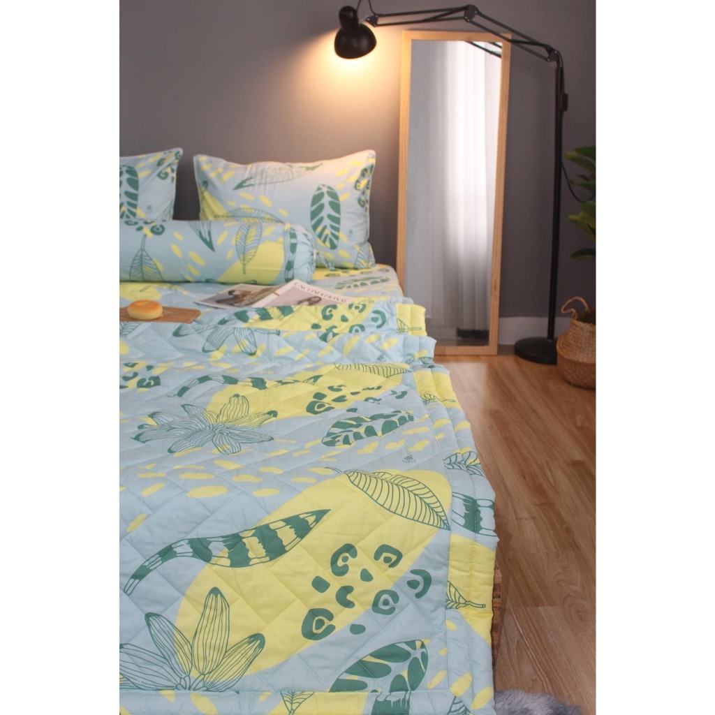 Bộ drap gối 100% cotton thiên nhiên KHA LY  mềm mịn thấm hút mồ hôi, mẫu LÁ VÀNG