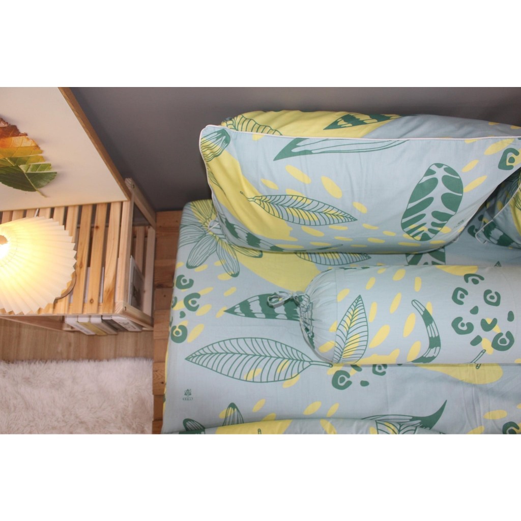 Bộ drap gối 100% cotton thiên nhiên KHA LY  mềm mịn thấm hút mồ hôi, mẫu LÁ VÀNG