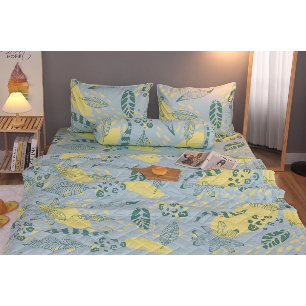 Bộ drap gối 100% cotton thiên nhiên KHA LY  mềm mịn thấm hút mồ hôi, mẫu LÁ VÀNG