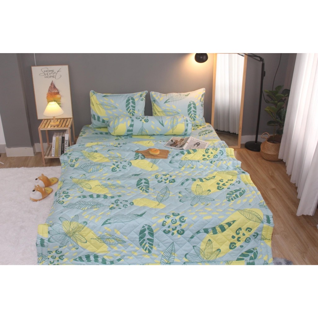 Bộ drap gối 100% cotton thiên nhiên KHA LY  mềm mịn thấm hút mồ hôi, mẫu LÁ VÀNG