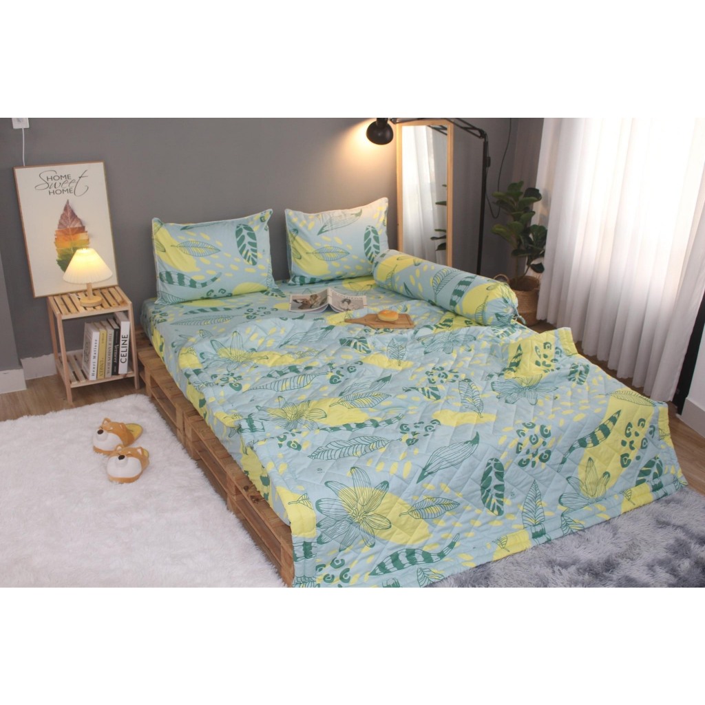 Bộ drap gối 100% cotton thiên nhiên KHA LY  mềm mịn thấm hút mồ hôi, mẫu LÁ VÀNG