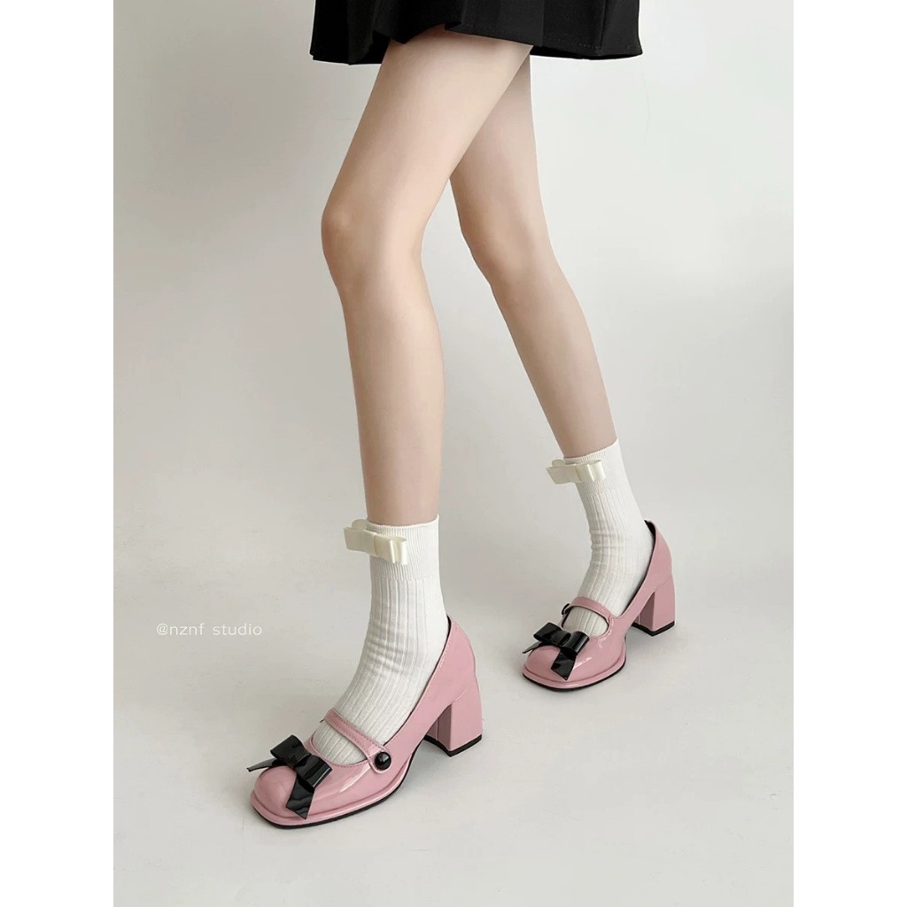 Giày búp bê cao góp quai ngang phối nơ tiểu thư