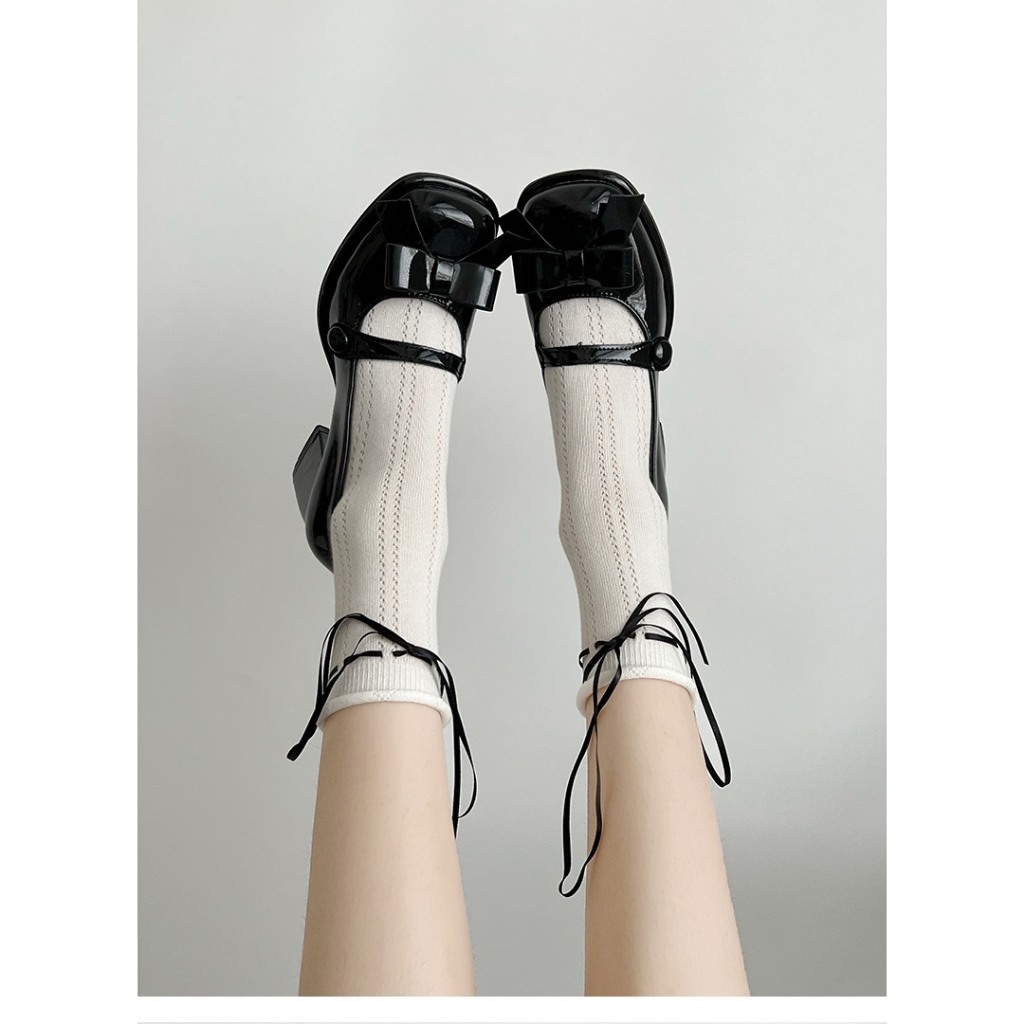 Giày búp bê cao góp quai ngang phối nơ tiểu thư