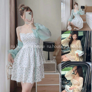 Đầm hoa nhí 2 dây xanh vàng bo chun eo đi chơi đi biển dạo phố Nahouse set váy 2 dây kèm áo khoác thiết kế đẹp xinh sang