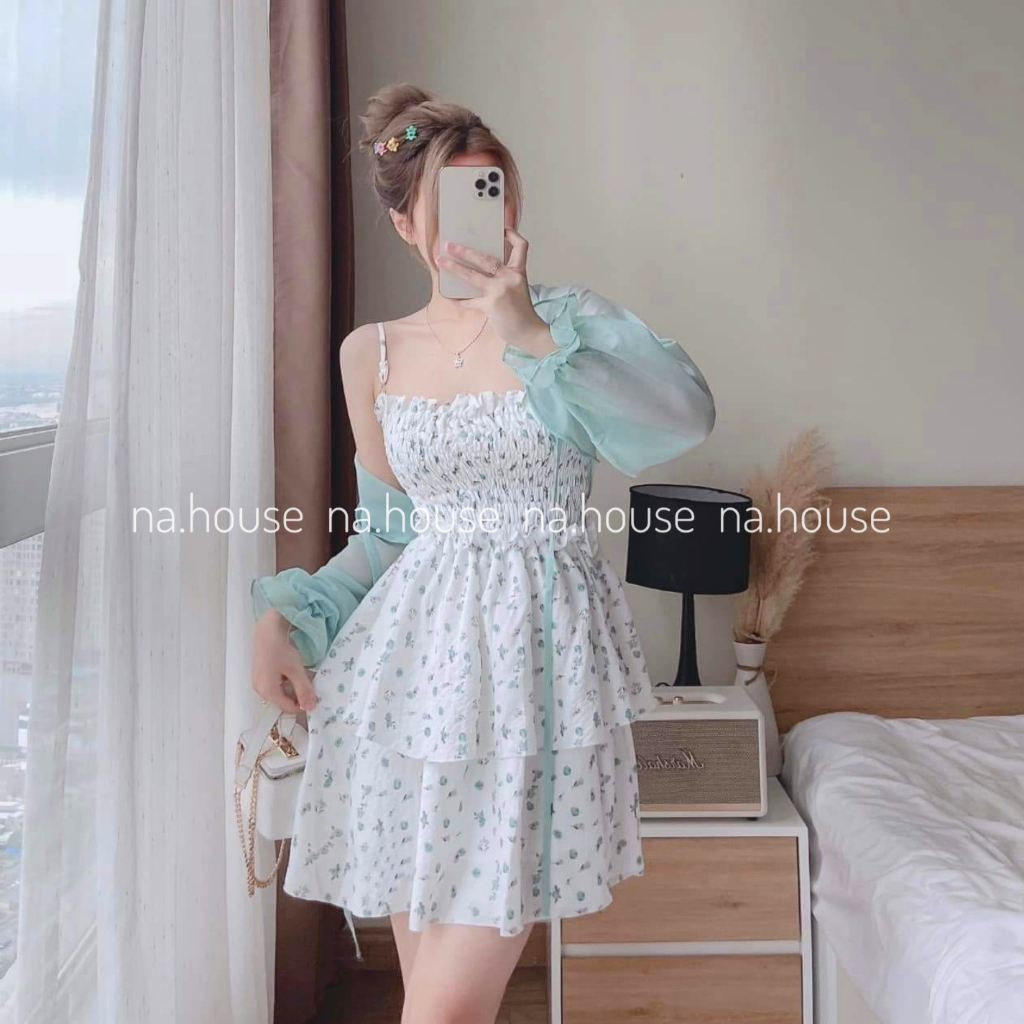 Đầm hoa nhí 2 dây xanh vàng bo chun eo đi chơi đi biển dạo phố Nahouse set váy 2 dây kèm áo khoác thiết kế đẹp xinh sang