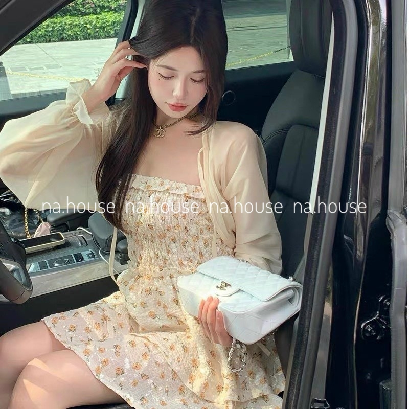 Đầm hoa nhí 2 dây xanh vàng bo chun eo đi chơi đi biển dạo phố Nahouse set váy 2 dây kèm áo khoác thiết kế đẹp xinh sang