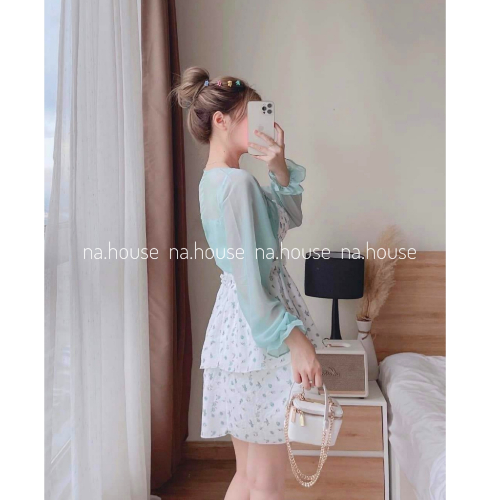 Đầm hoa nhí 2 dây xanh vàng bo chun eo đi chơi đi biển dạo phố Nahouse set váy 2 dây kèm áo khoác thiết kế đẹp xinh sang