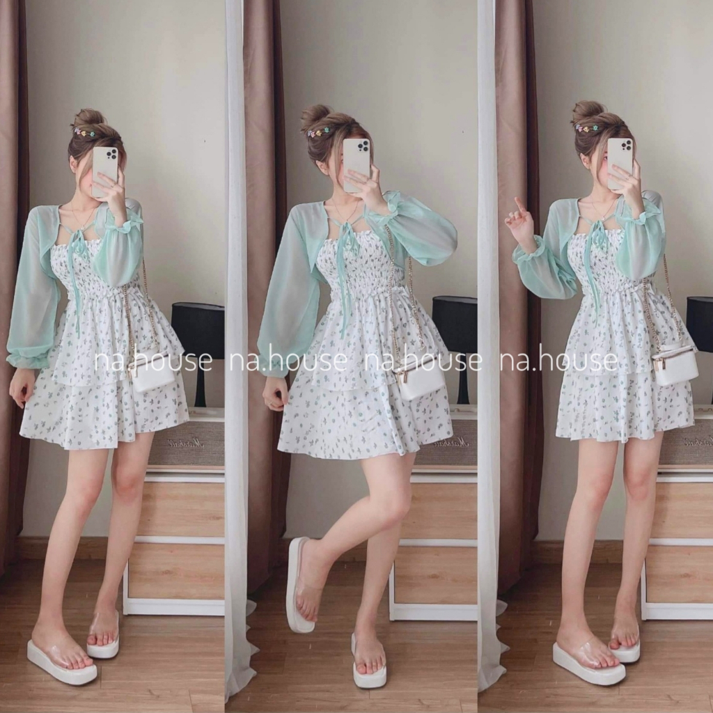 Đầm hoa nhí 2 dây xanh vàng bo chun eo đi chơi đi biển dạo phố Nahouse set váy 2 dây kèm áo khoác thiết kế đẹp xinh sang