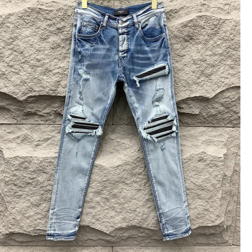 Quần Bò Nam 4 Cúc Xanh Mài Bạc Gối Lót Da Quần Jeans Amiri Xanh Khói Rách Xước In Họa Tiết Cao Cấp
