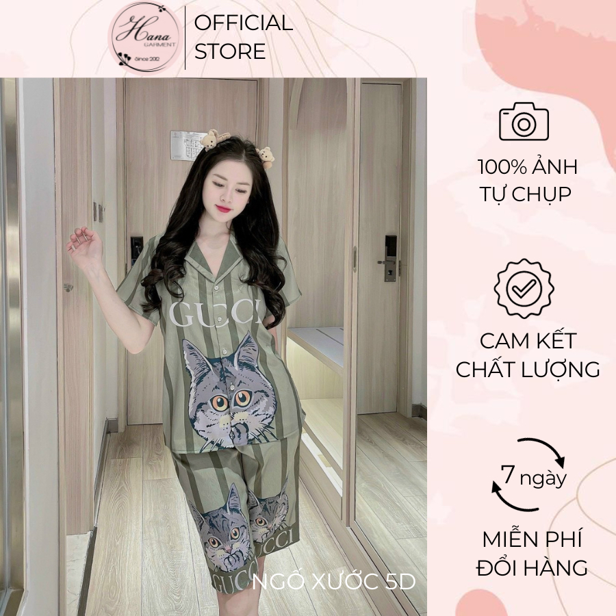Bộ lửng pijama Hana vải lụa xước cao cấp, áo tay ngắn cổ bẻ + quần lửng in họa tiết 5D dễ thuơng