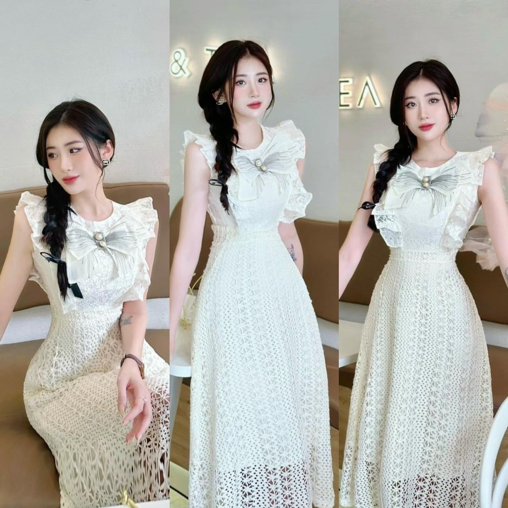 Đầm Nữ Cao Cấp Midi Dáng Dài Ren 2 Lớp Bèo Cánh Tiên Dáng Dài Đính Nơ Ngực Thiết Kế Sang Chảnh, Nhẹ Nhàng Sang Trọng