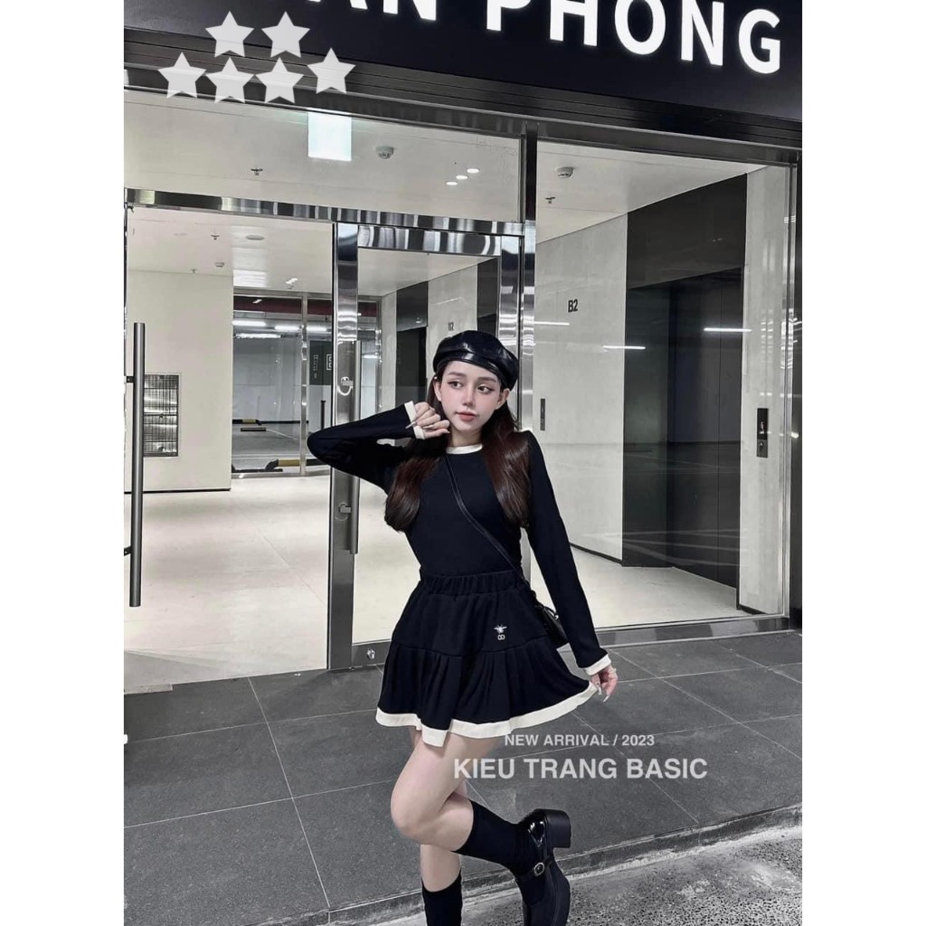 Set nữ thun gân tăm áo thun tay dài mix chân váy ngắn xinh xắn