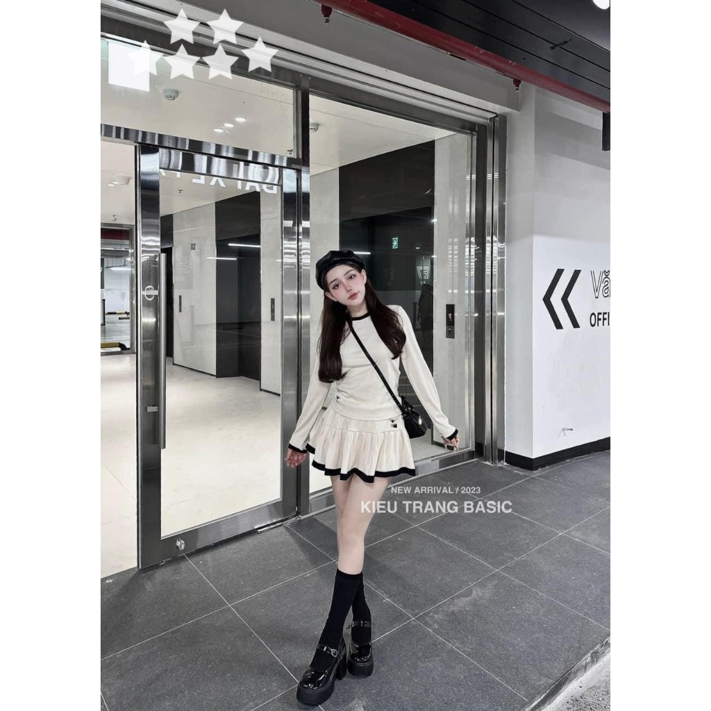 Set nữ thun gân tăm áo thun tay dài mix chân váy ngắn xinh xắn