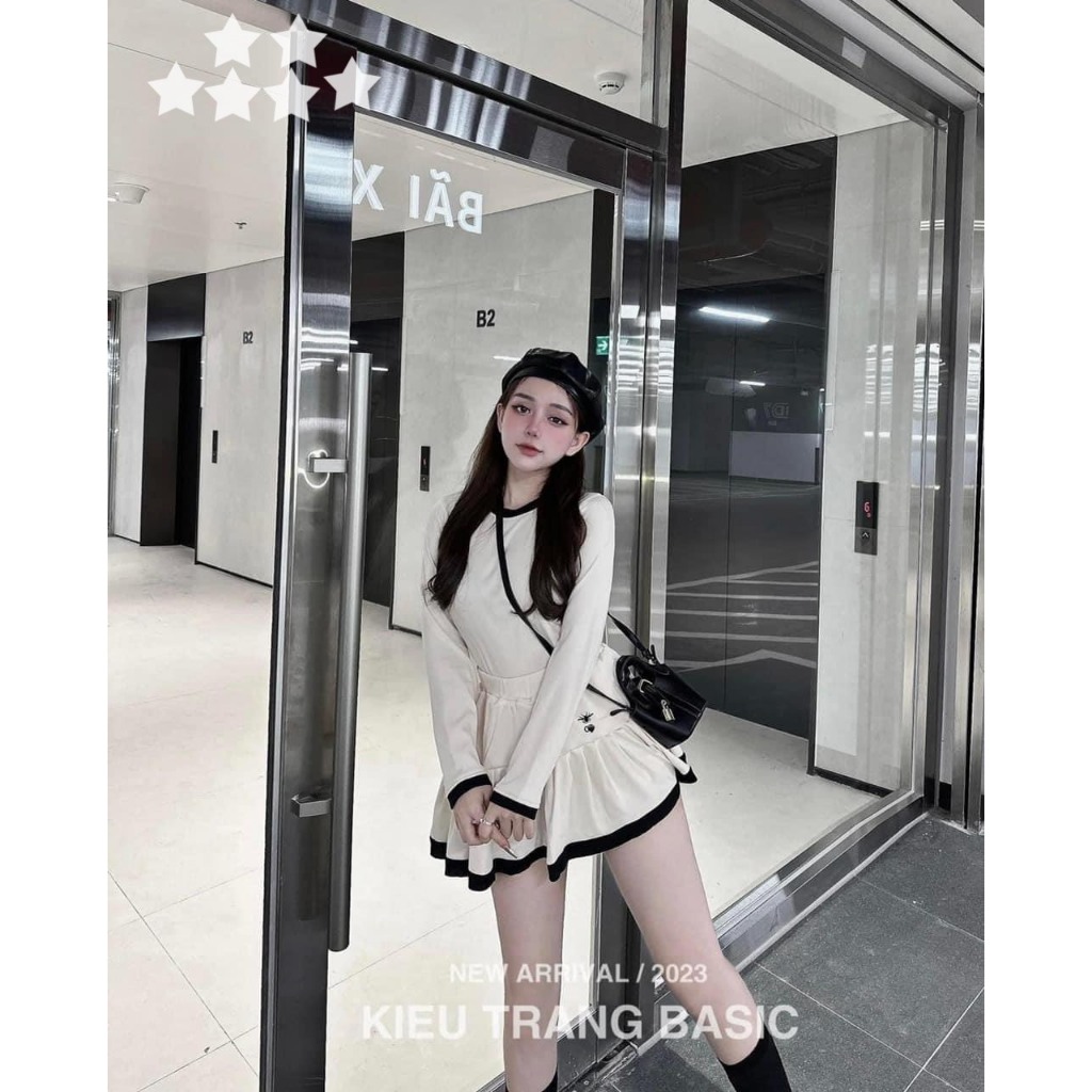 Set nữ thun gân tăm áo thun tay dài mix chân váy ngắn xinh xắn