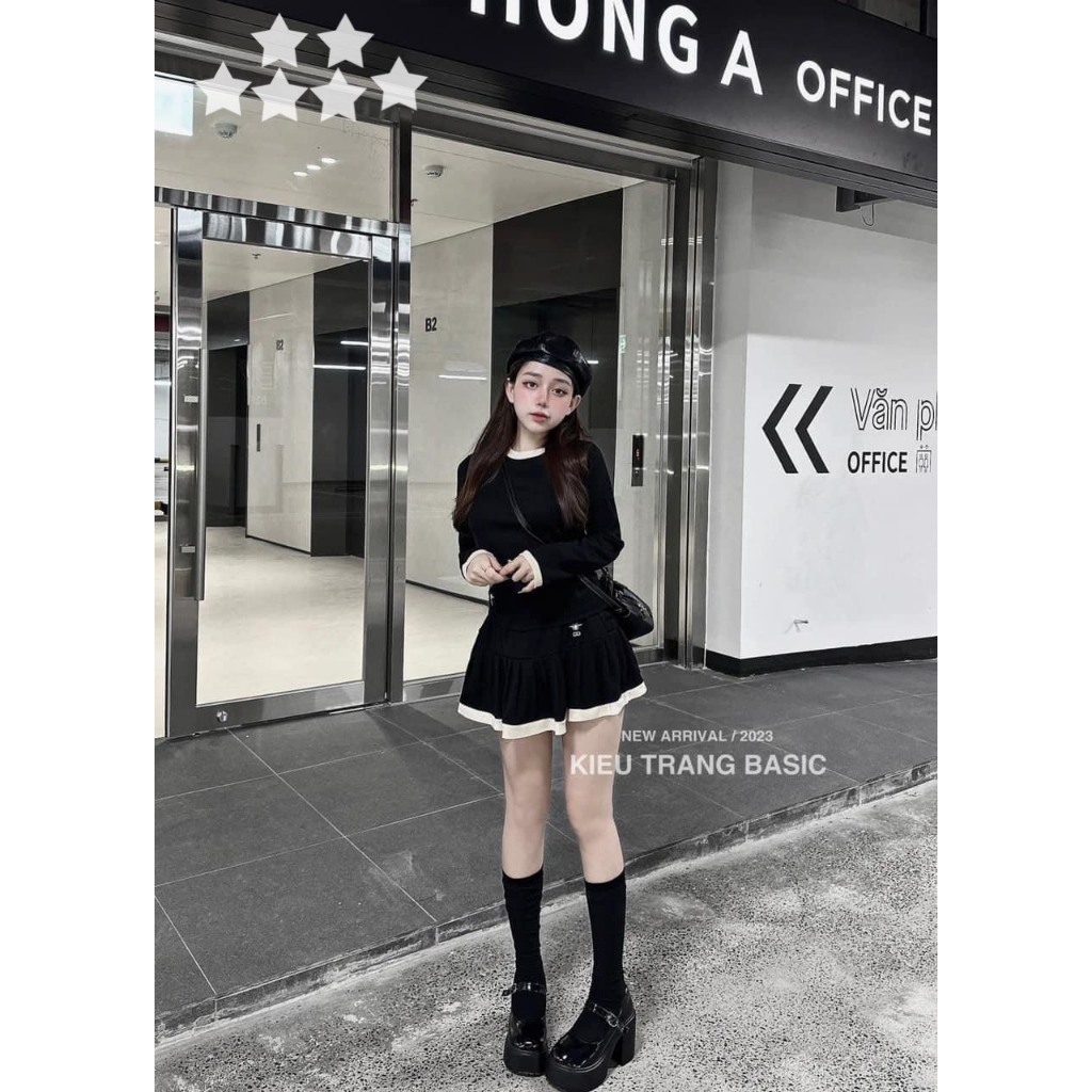 Set nữ thun gân tăm áo thun tay dài mix chân váy ngắn xinh xắn