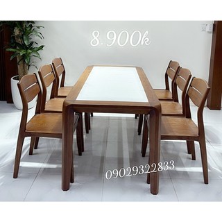 Bộ bàn ăn gỗ sồi 6 ghế và 4 ghế mặt bàn đá MÃ 55 giá xưởng, chất gỗ đẹp
