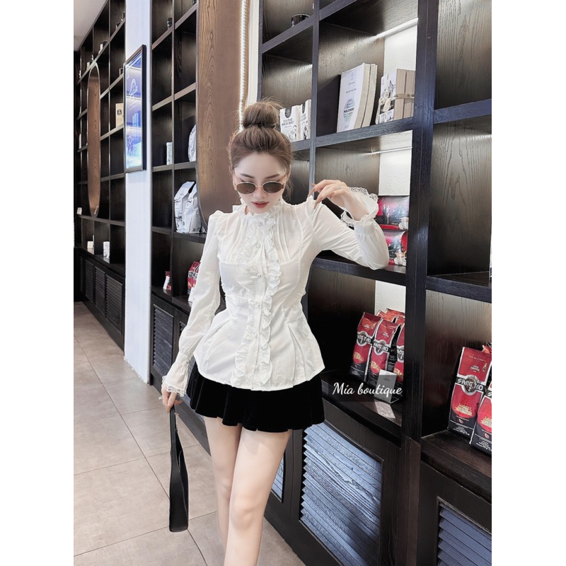 Sét áo sơ mi bèo phối ren mix chân váy nhung