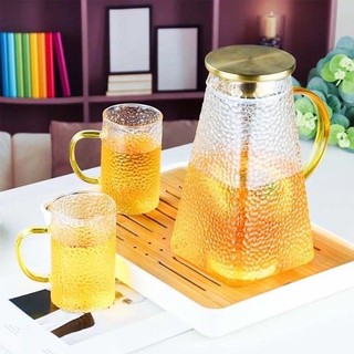 Bình thủy tinh. Bình trà, Bình đựng nước thủy tinh vân nhám quai vàng