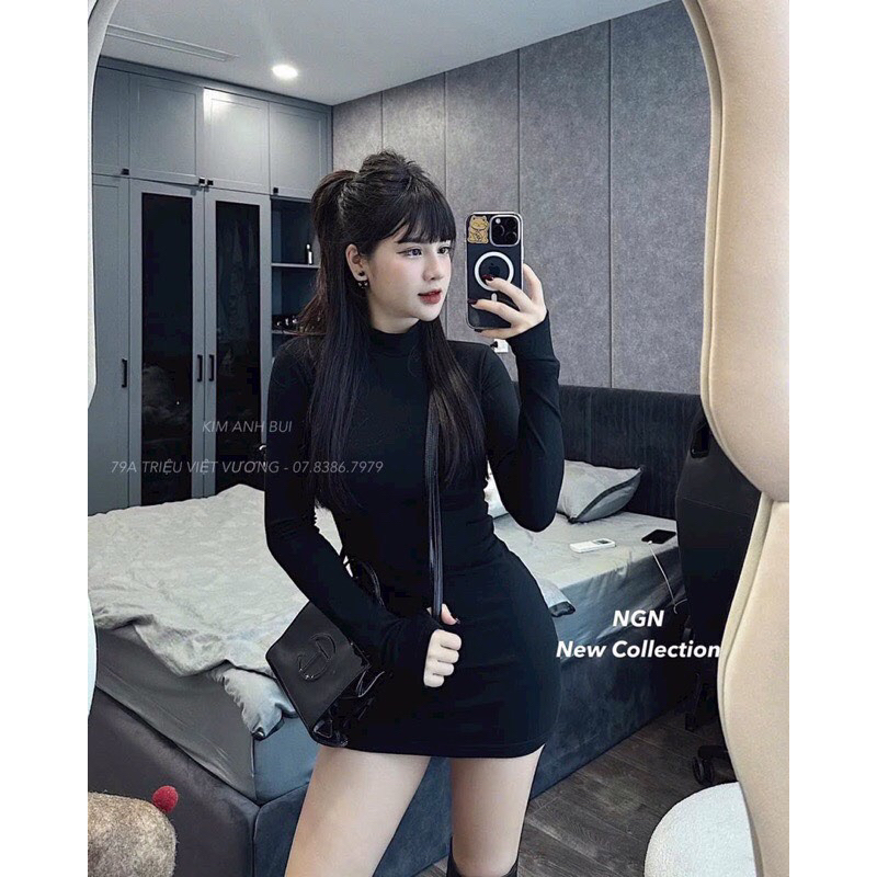 Váy body trơn cổ cao tay dài xỏ ngón