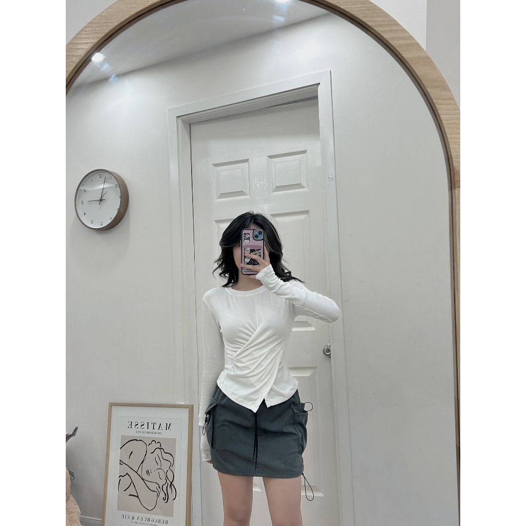 Áo Thun Nữ Dài Tay Vạt Chéo 🦋 Áo Body Nữ Cổ Tròn Vạt Lệch 2 Màu 🦋