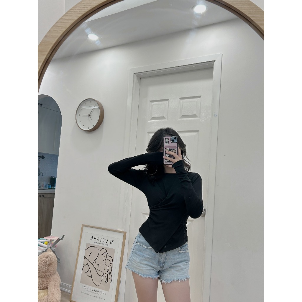Áo Thun Nữ Dài Tay Vạt Chéo 🦋 Áo Body Nữ Cổ Tròn Vạt Lệch 2 Màu 🦋