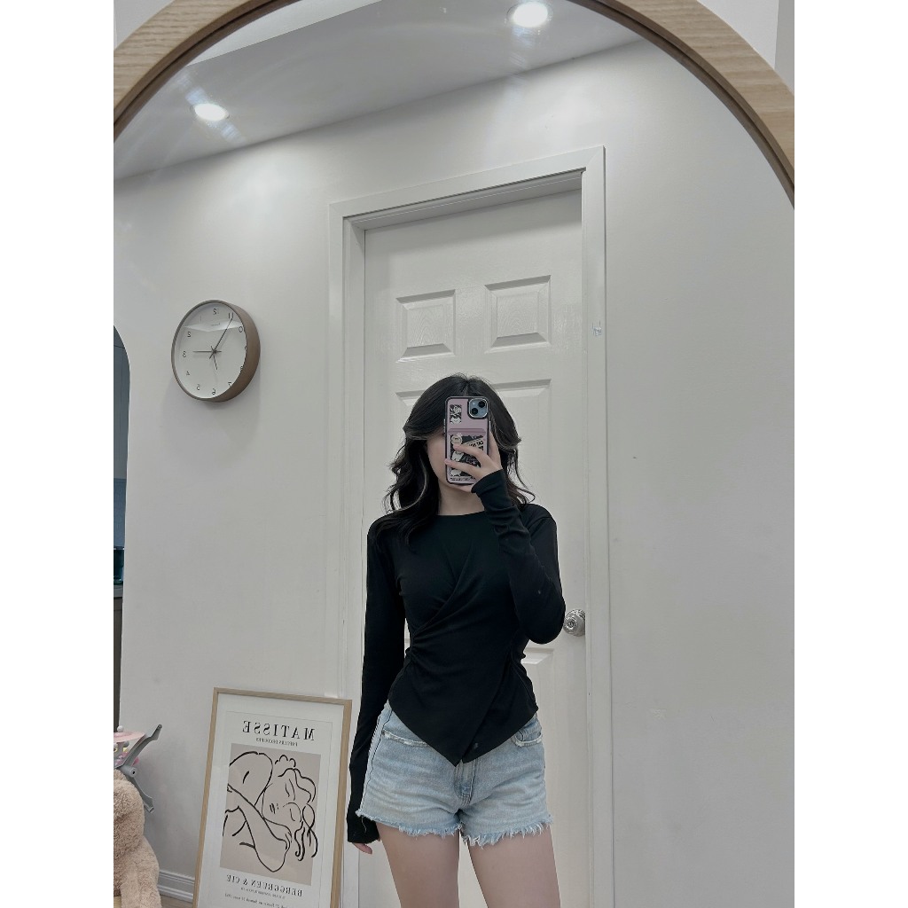 Áo Thun Nữ Dài Tay Vạt Chéo 🦋 Áo Body Nữ Cổ Tròn Vạt Lệch 2 Màu 🦋