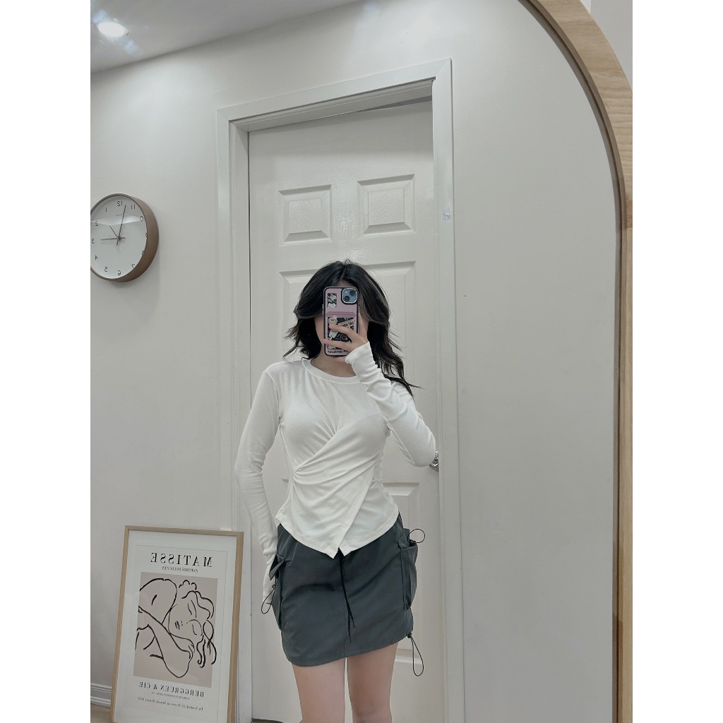 Áo Thun Nữ Dài Tay Vạt Chéo 🦋 Áo Body Nữ Cổ Tròn Vạt Lệch 2 Màu 🦋