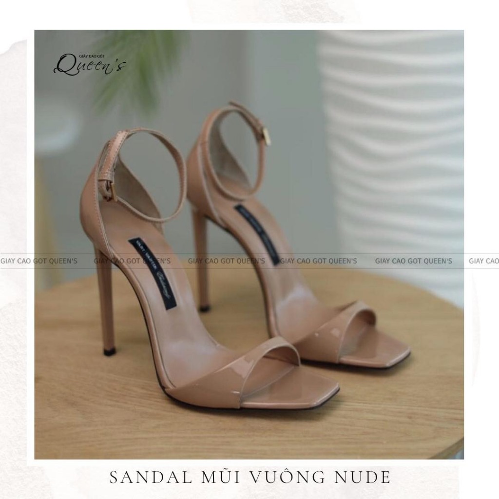 Giày Cao Gót Nữ Sandal Mũi Vuông Nude Bóng Vai Ngang Cao Cấp sang chắc chân tôn dáng cao 8-10-11cm