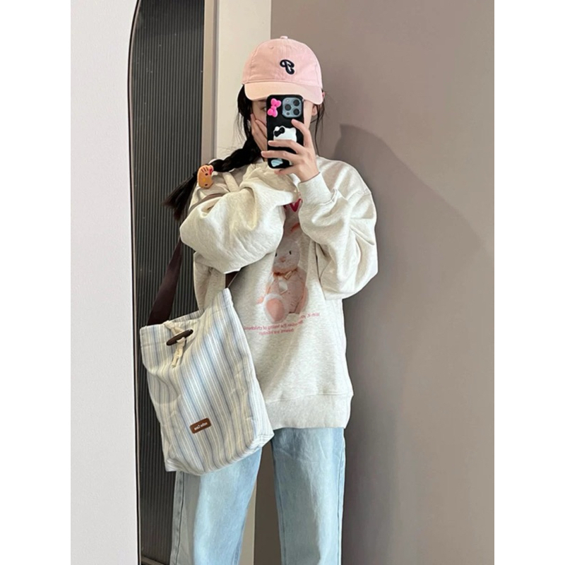 Áo Nỉ Sweater Xám Trắng Rabbitt Hồng 🌸Áo Sweater Nữ Nỉ Ngoại Form Rộng Ulzzang🌸