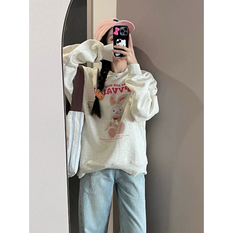 Áo Nỉ Sweater Xám Trắng Rabbitt Hồng 🌸Áo Sweater Nữ Nỉ Ngoại Form Rộng Ulzzang🌸