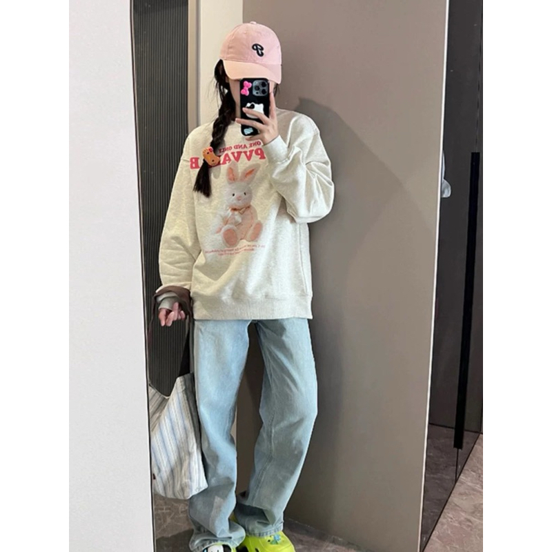 Áo Nỉ Sweater Xám Trắng Rabbitt Hồng 🌸Áo Sweater Nữ Nỉ Ngoại Form Rộng Ulzzang🌸