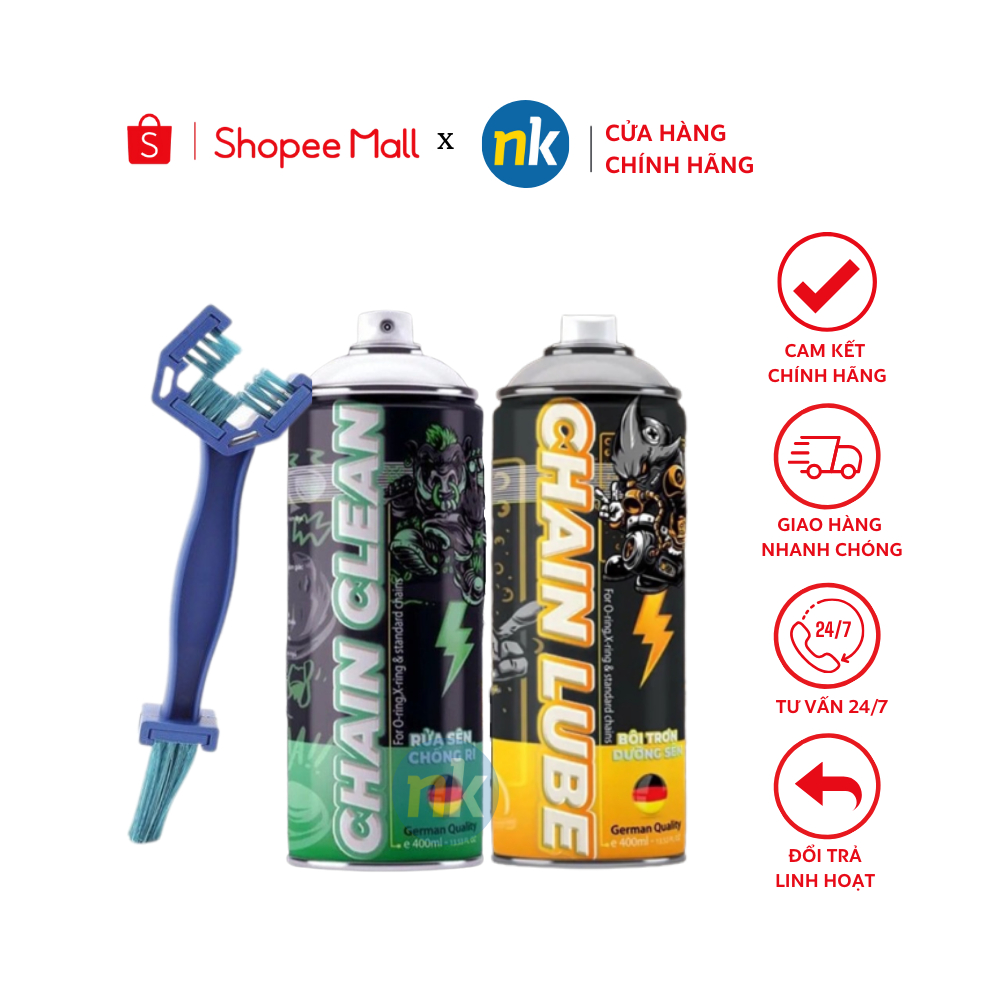 Combo xịt vệ sinh sên Chain Clean SprayKing 400ml, bảo dưỡng sên, xích Chain Lube 400ml tặng kèm bàn chải sên 3D