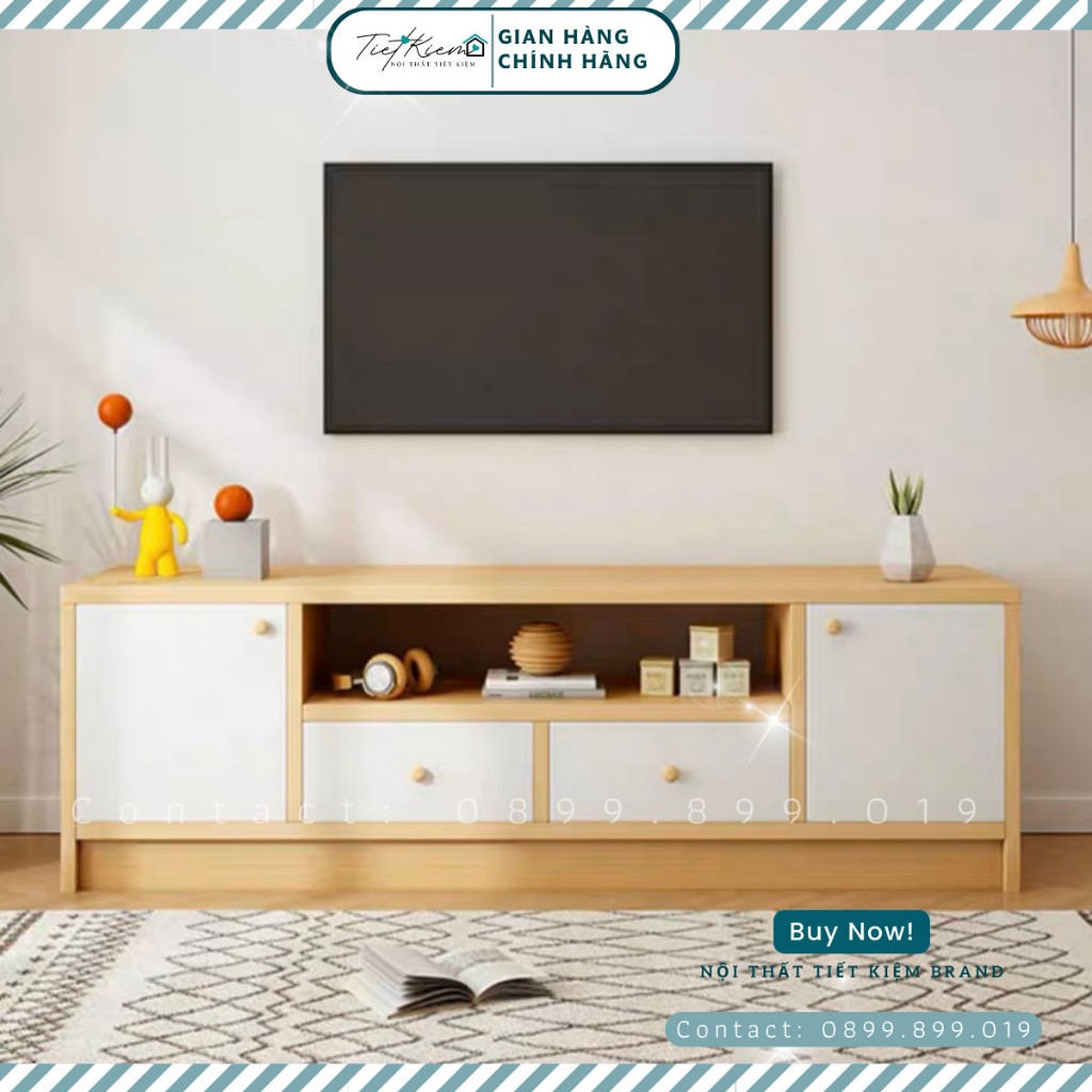 Tủ tivi gỗ phòng khách Nội Thất Tiết Kiệm đã lắp sẵn màu trắng phối gỗ làm kệ tivi TV88989