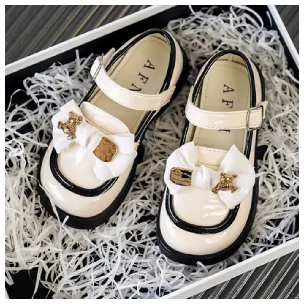 Giầy búp bê 016  Đế Đốc nơ gấu phối 2 màu Trắng, Đen cho bé xinh