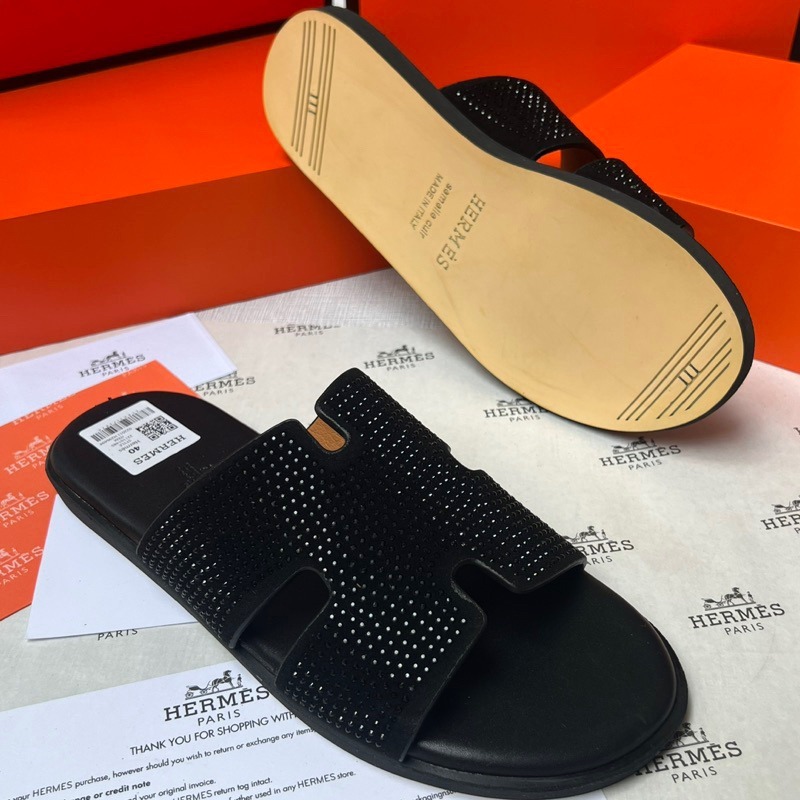 Dép lê nam quai ngang HM quai chữ H da phủ nhung đính đá đen