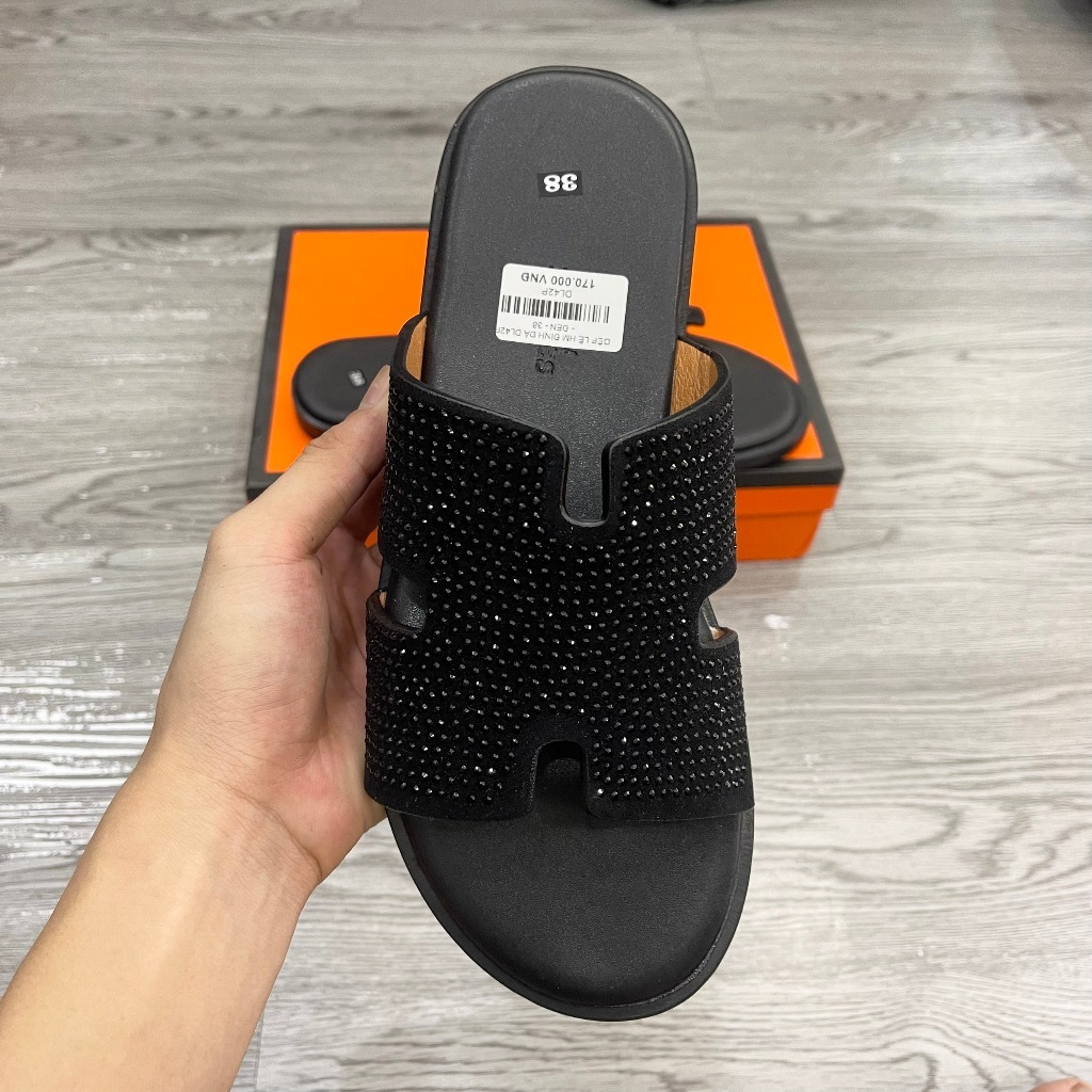 Dép lê nam quai ngang HM quai chữ H da phủ nhung đính đá đen