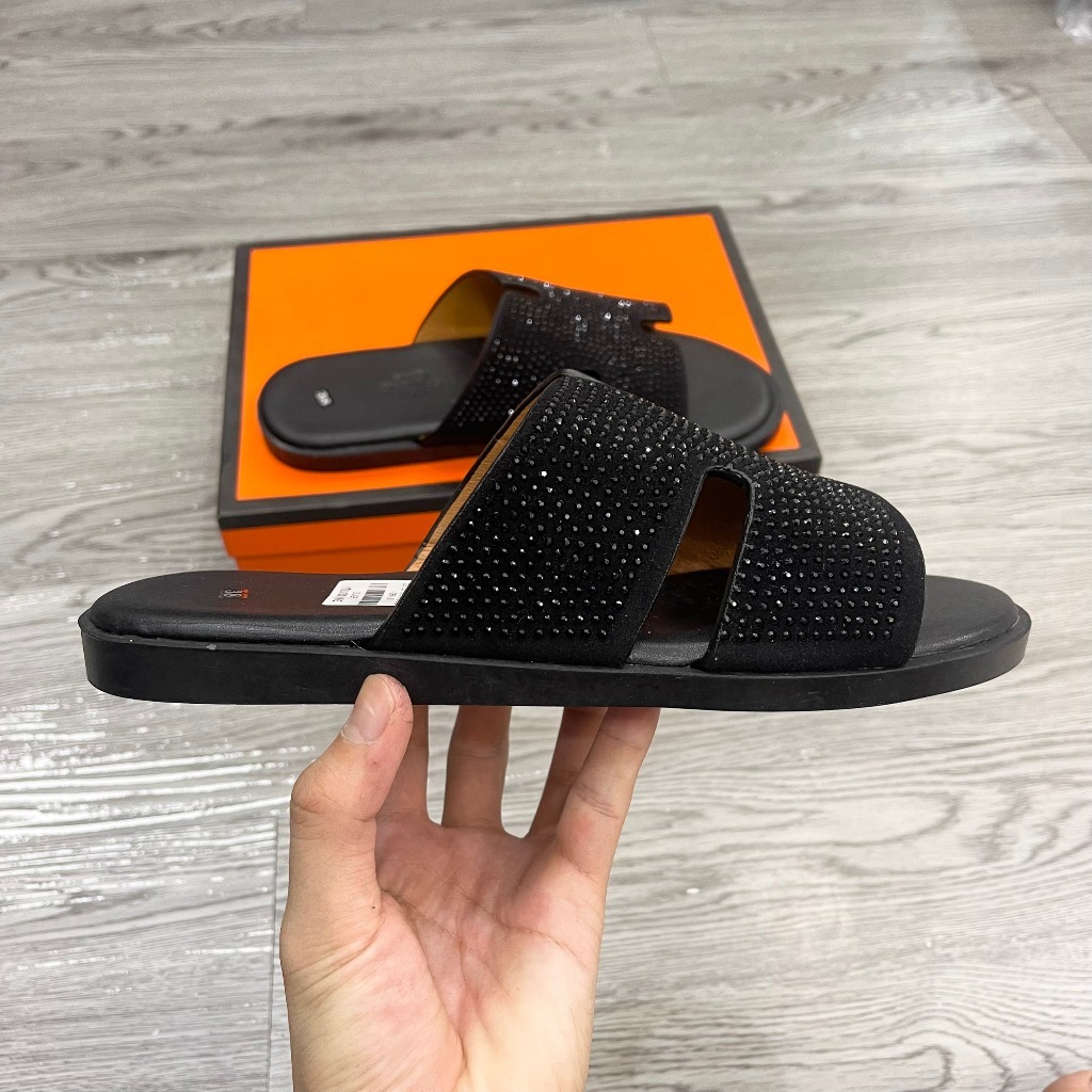 Dép lê nam quai ngang HM quai chữ H da phủ nhung đính đá đen