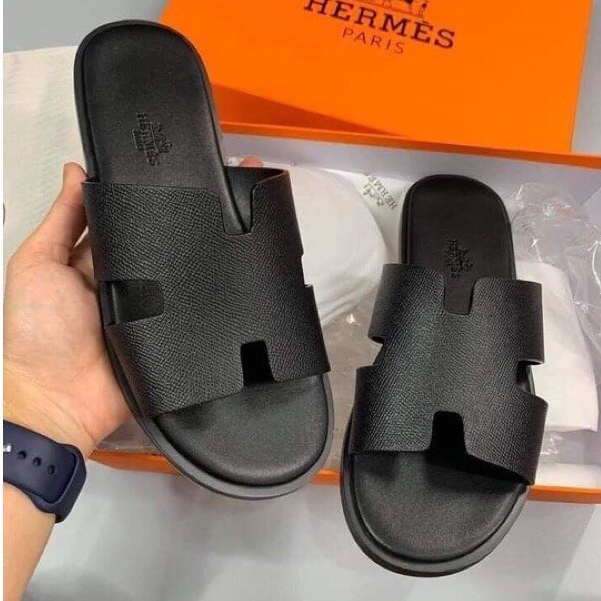 Dép lê nam quai ngang HM quai chữ H da phủ nhung đính đá đen