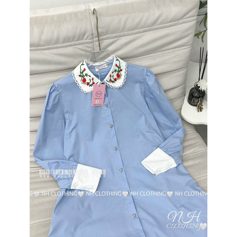 Váy sôm xuông thêu hoa xanh mint tiểu thư