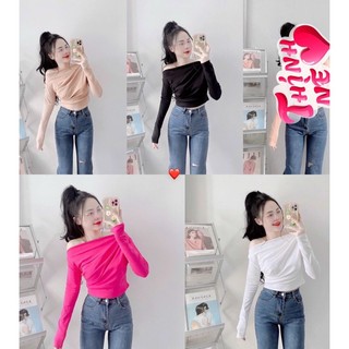 Áo kiểu bẹt vai tay dài nhíu nhíu croptop chất thun bozip cực hot