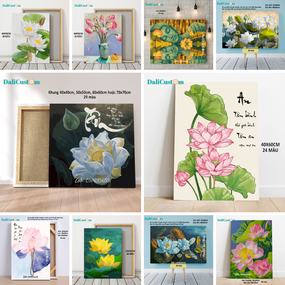 Tranh Tô Màu Số Hóa Hoa Sen Phật Sen Đá 24-30 Màu Cỡ 60x75cm & 50x75cm Tranh Treo Tường Căng Khung Sẵn